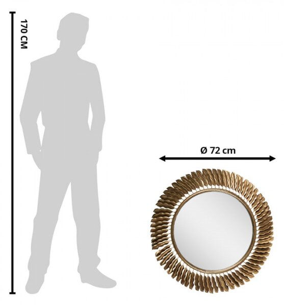 Zlaté kulaté zrcadlo v kovovém rámu s lístky – 72 cm