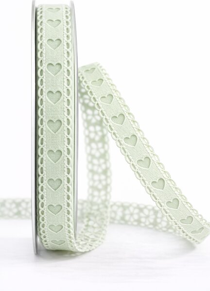 Vysekávaná dekorativní stuha pastelově zelená Sweet Hearts Pastel Green –  15mm × 1m