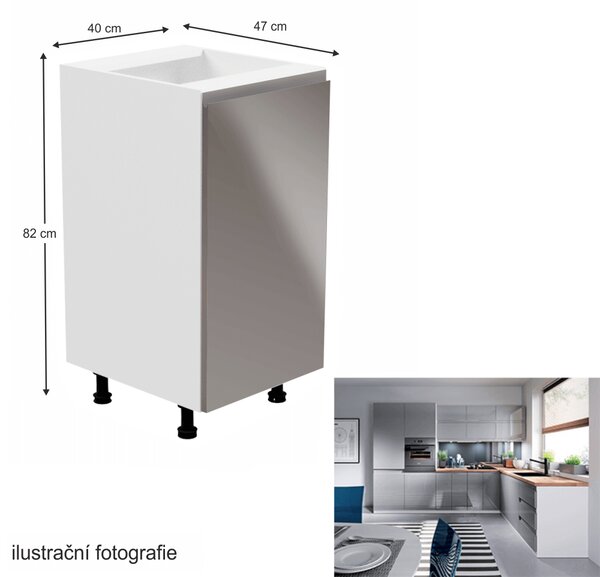 KONDELA Spodní skříňka, bílá / šedá extra vysoký lesk, pravá, AURORA D40