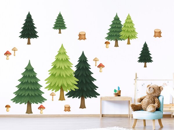 Sada jehličnatých stromů textilní přelepitelné samolepky na zeď arch 46 x 46 cm