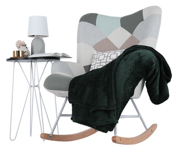 KONDELA Houpací křeslo, zelená-bílá patchwork/bílá/buk, GERON