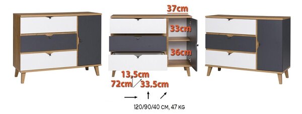 Komoda Mimone K1D3SZ (dub zlatý + bílá matná + grafit)