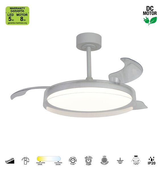 Mantra 9525 Glass, rozvinovací ventilátor se svítidlem a dálk. ovladačem, LED 40W 3000-5000K, čirá, průměr 53/106cm