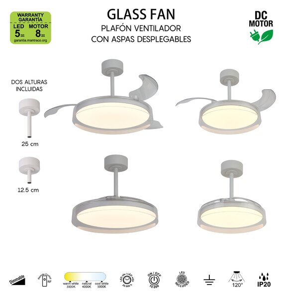 Mantra 9525 Glass, rozvinovací ventilátor se svítidlem a dálk. ovladačem, LED 40W 3000-5000K, čirá, průměr 53/106cm