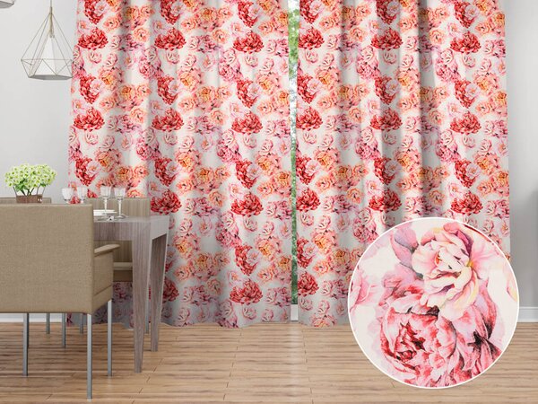 Biante Sametový závěs Tamara TMR-041 Růžovo-červené pivoňky na bílém 135x140 cm