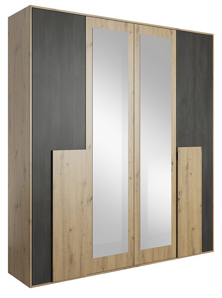Skříň se zrcadlem, dub artisan/černá borovice norská, BAFRA 4D