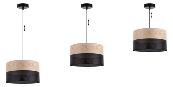 Závěsné svítidlo Wood, 1x béžová dubová dýha/černé plastové stínítko, (fi 30cm)