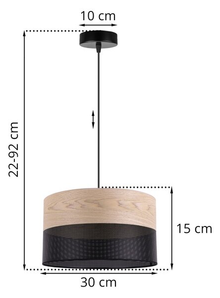 Závěsné svítidlo Wood, 1x béžová dubová dýha/černé plastové stínítko, (fi 30cm)