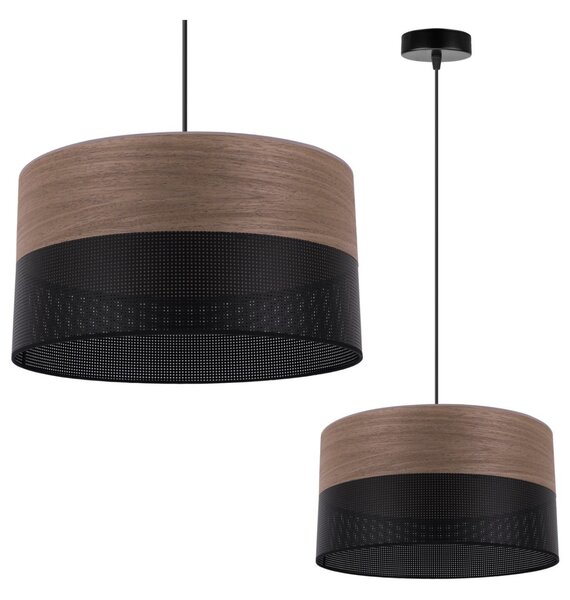 Závěsné svítidlo Wood, 1x hnědá ořechová dýha/černé plastové stínítko, (fi 35cm)