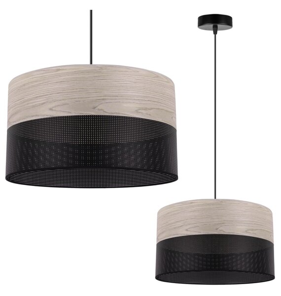 Závěsné svítidlo Wood, 1x světle béžová dubová dýha/černé plastové stínítko, (fi 35cm)