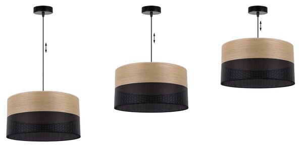 Závěsné svítidlo Wood, 1x dýha zlatý dub/černé plastové stínítko, (fi 40cm)
