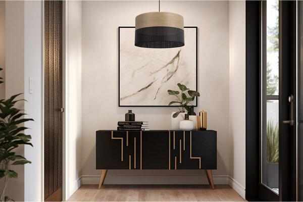 Závěsné svítidlo Wood, 1x dýha zlatý dub/černé plastové stínítko, (fi 35cm)