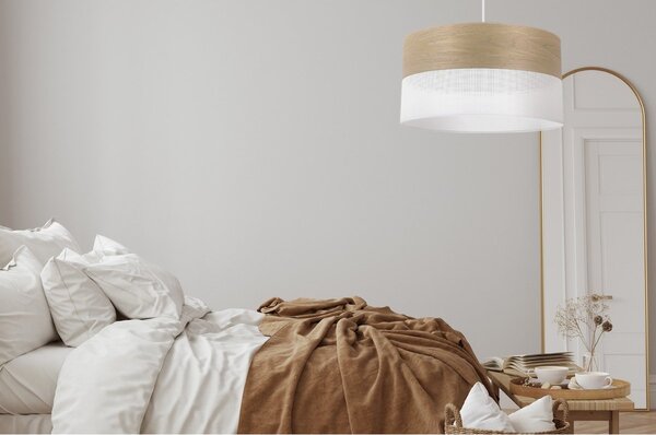 Závěsné svítidlo Wood, 1x dýha zlatý dub/bílé plastové stínítko, (fi 44cm)