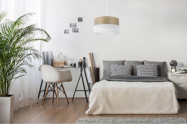 Závěsné svítidlo Wood, 1x dýha zlatý dub/bílé plastové stínítko, (fi 30cm)