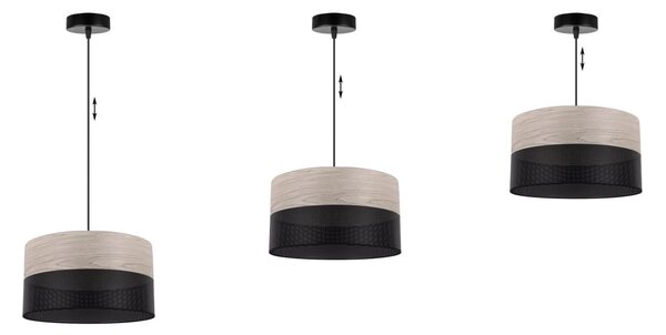 Závěsné svítidlo Wood, 1x světle béžová dubová dýha/černé plastové stínítko, (fi 30cm)
