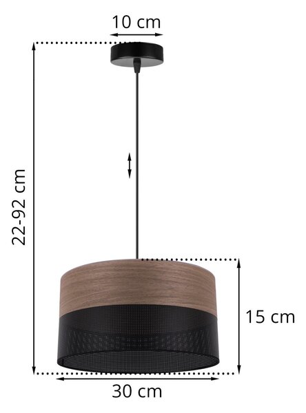 Závěsné svítidlo Wood, 1x hnědá ořechová dýha/černé plastové stínítko, (fi 30cm)