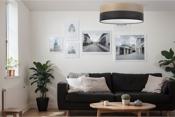 Stropní svítidlo Wood, 1x dýha zlatý dub/černé plastové stínítko, (bílé plexisklo), (fi 50cm)
