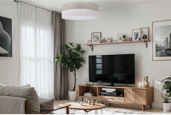 Stropní svítidlo Wood, 1x světle béžová dubová dýha/bílé plastové stínítko, (bílé plexisklo), (fi 50cm)