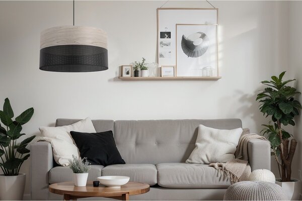 Závěsné svítidlo Wood, 1x světle béžová dubová dýha/černé plastové stínítko, (fi 40cm)