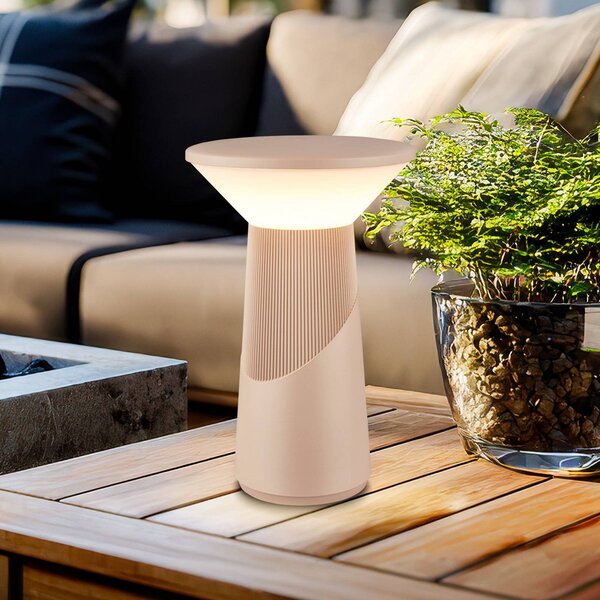 Briloner LED stolní lampa Pilia na akumulátor, béžová, výška 24 cm, IP44, stmívatelný, Krémová / jantar, Obývací pokoj / jídelna, Plast, Moderní