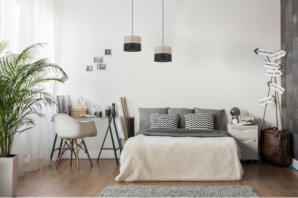 Závěsné svítidlo Wood, 1x světle béžová dubová dýha/černé plastové stínítko, (fi 20cm)