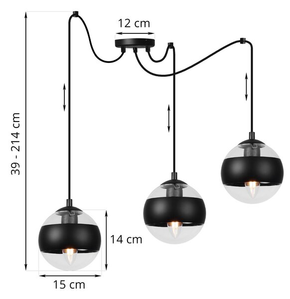 Závěsné svítidlo Toledo Spider, 3x černé/transparentní skleněné stínítko, B