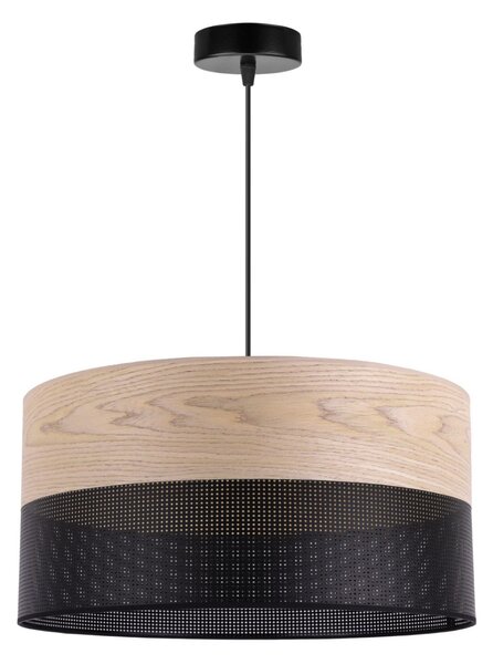 Závěsné svítidlo Wood, 1x béžová dubová dýha/černé plastové stínítko, (fi 44cm)