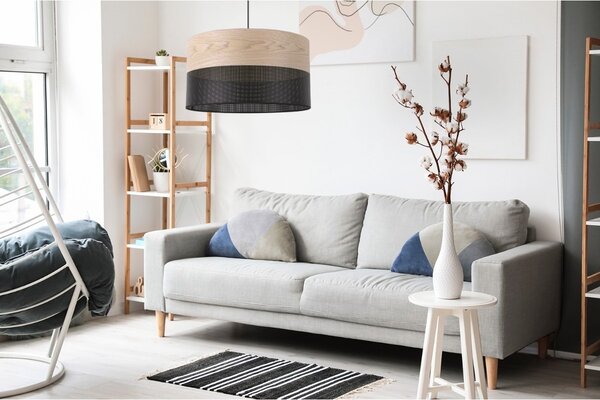 Závěsné svítidlo Wood, 1x béžová dubová dýha/černé plastové stínítko, (fi 40cm)