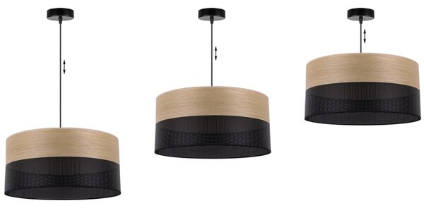 Závěsné svítidlo Wood, 1x dýha zlatý dub/černé plastové stínítko, (fi 44cm)