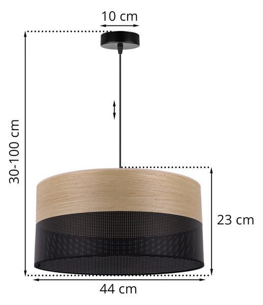 Závěsné svítidlo Wood, 1x dýha zlatý dub/černé plastové stínítko, (fi 44cm)
