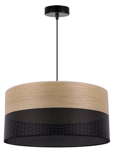 Závěsné svítidlo Wood, 1x dýha zlatý dub/černé plastové stínítko, (fi 44cm)