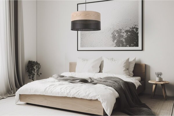 Závěsné svítidlo Wood, 1x béžová dubová dýha/černé plastové stínítko, (fi 40cm)