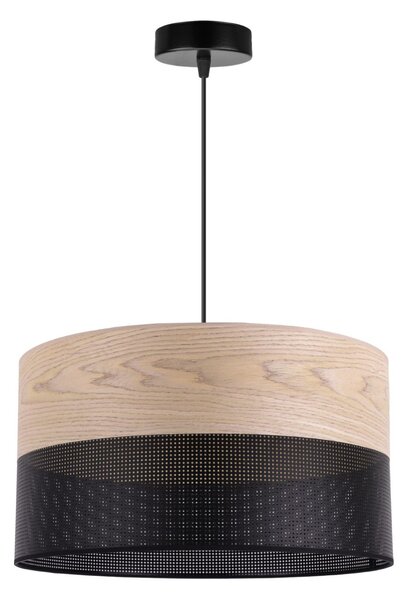 Závěsné svítidlo Wood, 1x béžová dubová dýha/černé plastové stínítko, (fi 40cm)