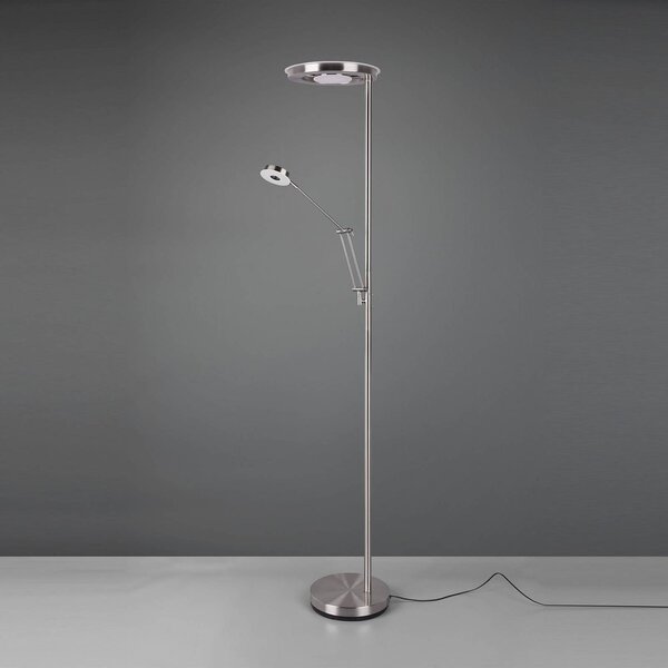 Trio Lighting LED stojací lampa Barrie s čtecí lampičkou, matný nikl, stmívatelný, Hliník / šedá / zinek, Obývací pokoj / jídelna, kov, Moderní, Lampička na čtení