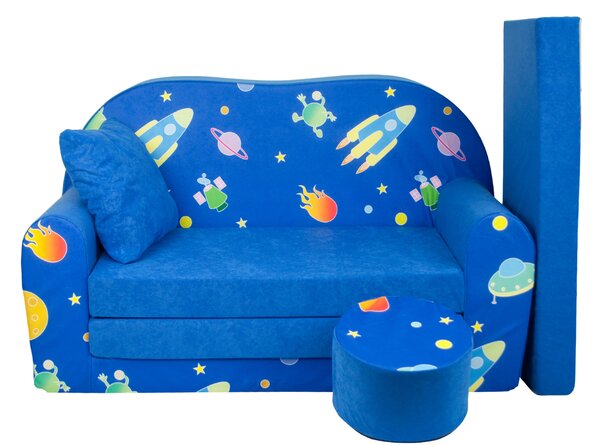 Svět pokojů Dětská sedací rozkládací pohovka s bobkem modrá VESMÍR