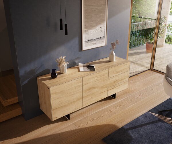 DELIFE Komoda Cuor 180 cm keramika Laminam® Sabbia dubová 2 dvířka 3 zásuvky podnož závěsná kov černá