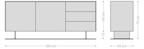 DELIFE Komoda Cuor 180 cm keramika Laminam® Sabbia dubová 2 dvířka 3 zásuvky podnož závěsná kov černá