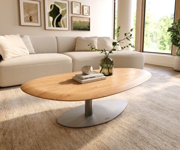 DELIFE Konferenční stolek Edge oválný 140x75 cm dub přírodní kulatá hrana Vibany nerezová ocel broušená