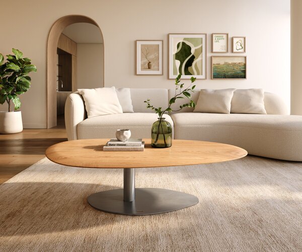 DELIFE Konferenční stolek Edge oválný 140x75 cm dub přírodní kulatá hrana Vibany nerezová ocel broušená