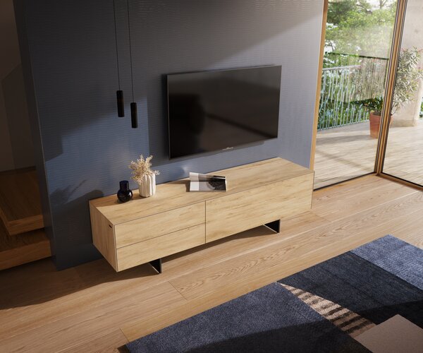 DELIFE TV stolek Cuor 180 cm keramika Laminam® Sabbia dubová 1 výklopná dvířka 2 zásuvky podnož závěsná kov černá