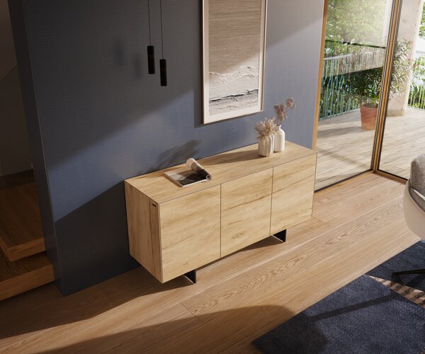 DELIFE Komoda Cuor 150 cm keramika Laminam® Sabbia dubová 3 dvířka podnož závěsná kov černá