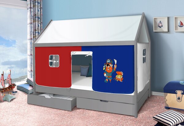 Dětská domečková postel KIDS piráti modročervení - šedá 200x90 cm