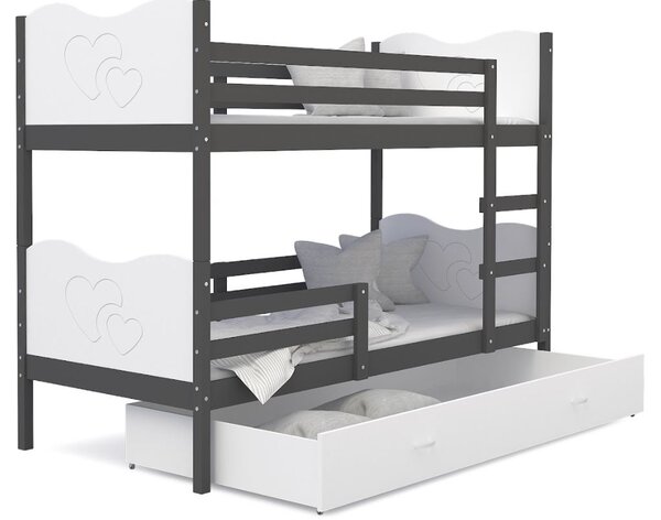 Dětská patrová postel se šuplíkem MAX R - 190x80 cm - bílo-šedá - srdíčka