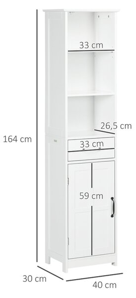 Úzká koupelnová skříňka kleankin s 3 otevřenými policemi, šuplíkem a nastavitelnou policí, koupelnová skříňka pro malé prostory, 40 x 30 x 164 cm, bíl
