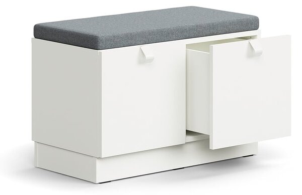 AJ Produkty Lavice s úložným prostorem QBUS, šedý podsedák, 2 zásuvky, sokl, úchytky, 534x800x420 mm, bílá