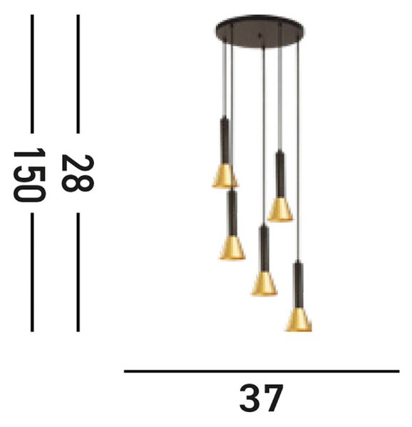Searchlight Závěsné světlo Signal, Ø 37 cm, černá/zlatá kovová, 5 ramen, stmívatelný, Černá, Obývací pokoj / jídelna, kov