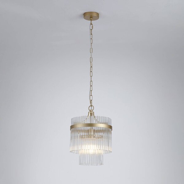 Searchlight Závěsné světlo Lara, Ø 26 cm, zlatá/čirá, sklo/kov, stmívatelný, Mosaz / zlato, Obývací pokoj / jídelna, Sklo