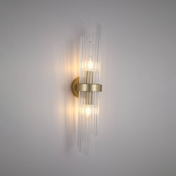 Searchlight Nástěnné světlo Lara, výška 56 cm, zlatá/čirá, sklo/kov, stmívatelný, Mosaz / zlato, Obývací pokoj / jídelna, Sklo