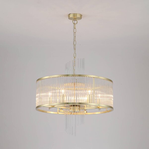 Searchlight Závěsné světlo Lara, Ø 55 cm, zlatá/čirá, sklo/kov, stmívatelný, Mosaz / zlato, Obývací pokoj / jídelna, Sklo