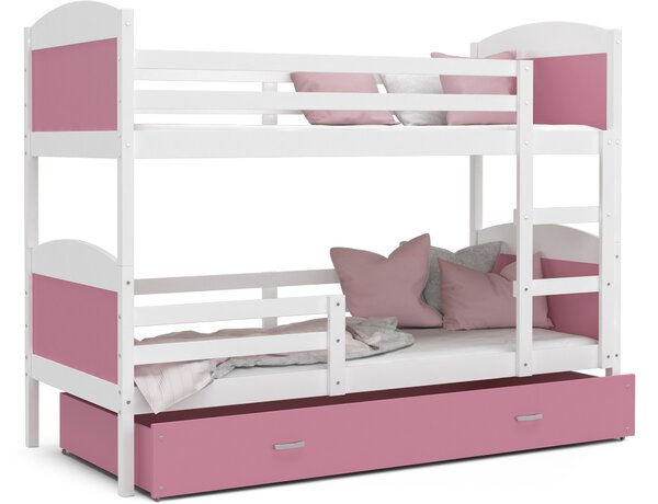 Dětská patrová postel se šuplíkem MATTEO - 160x80 cm - růžovo-bílá